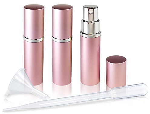 L'AUTRE PEAU Refillable Perfume & Cologne Fine Mist Atomizers with Metallic Exterior & Glass Interior - 5ml Portable Travel Size - 3ml Squeeze Transfer Pipette Included (3 Pack, Pink)