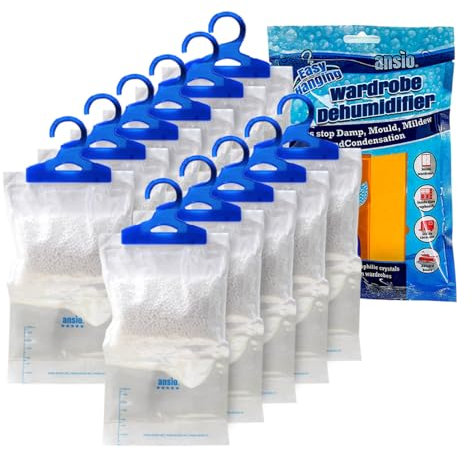ANSIO Wardrobe Dehumidifier Hanging Bags Pack of 12 Moisture Absorbers, Trap, Condensation, Dehumidifiers for Damp, Mould, Bedroom, Caravan, Bathroom, Basement, Office – 210g Each