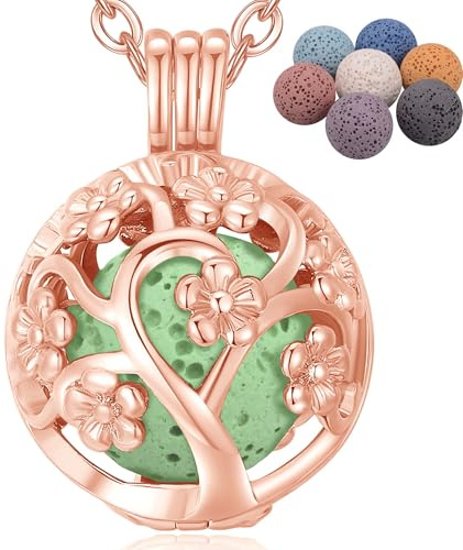 INFUSEU Aromatherapie Kette, Kirschblüten Roségold Aroma Diffuser Kette Anhänger Halskette kette Muster Anhänger Duftstein Damen Schmuck
