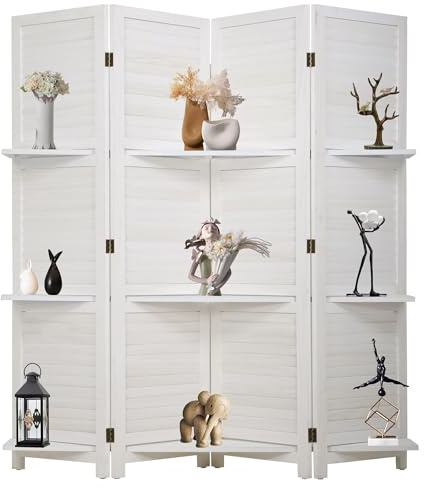 FDW 4 Panel Room Divider Folding Privacy Wooden Screen with Three Clever Shelf Portable Partition Wood Divider for Home Office, White