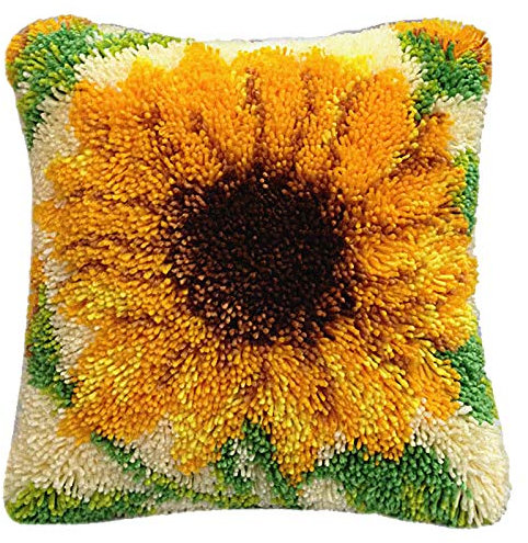 Pluzluce DIY Latch Hook Kits 16x16 inch, Pattern Printed Throw Pillow Case Cushion Cover - Home Decoration Crochet Needlework Crafts with Latch Hook Tool for Kids and Adults (Sunflower)