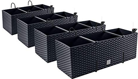 PAFEN 4X Blumenkasten Blumentopf Rattan-Optik mit Halterungen Pflanztopf Wasserstandsanzeiger Balkonkasten Pflanzkästen
