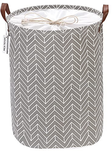 Sea Team Cesto della Biancheria Modello Cesto della Biancheria Tessuto di Tela Cesto portaoggetti Pieghevole con Manici in Pelle PU e Chiusura con Coulisse, 17,7 x 13,8 Pollici, Interno Impermeabile