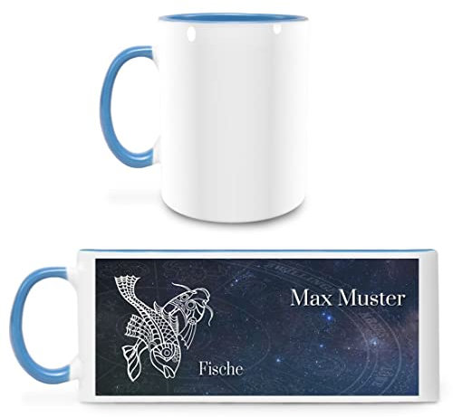 Manutextur Tasse mit Namen - personalisiert - Motiv Sternzeichen Fische - viele Farben & Motive - weiß/hellblau - Größe - persönliches Geschenk mit Wunsch-Motiv und Wunsch-Name
