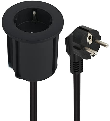 Electraline 62564 bordsskiva Grommet inbyggt uttag/bordsuttag list/bordsuttag/bord inbyggt uttag Schuko, kabel 2M, D 54mm + Utrustad med adapter för standardhål 60 mm, Svart