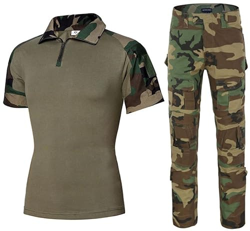 Uugood Camiseta Hombre Manga Corta Uniformes Tácticos Militares, Camisa de Combate y Pantalón, Camiseta Camuflaje de Verano, Conjuntos de Pantalón para Airsoft, Caza, Paintball, Selva, XL