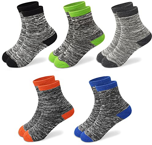 SPTRAMLE Chaussettes épaisses pour garçon, chaussettes thermiques en coton pour la marche, lot de 5 paires pour les enfants de 3 à 14 ans pour l'hiver, multicolore, 5-7 ans