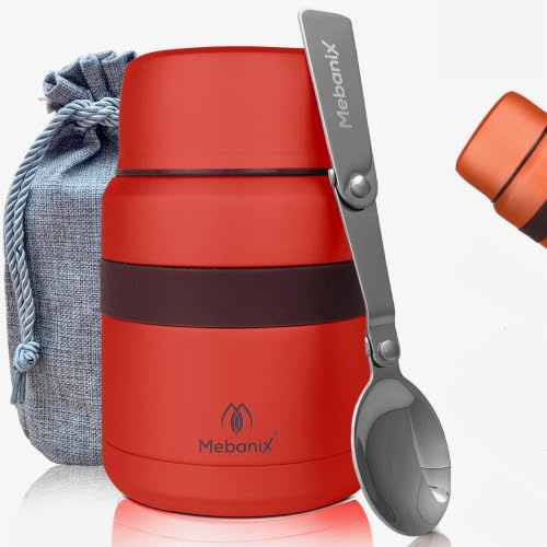 Mebanix Food Flask for Hot/Cold Food, Soup | 400ml Stainless Steel Double Walled Vacuum Insulated Leakproof Jar with Folding Spoon | BPA Free | 6 hrs hot 10 hrs cold | For Adults and Kids. Red.