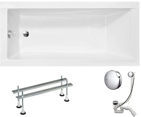 VBChome Acryl Badewanne 170x70 cm Weiß Rechteck Wanne Siphon Wannenfüße Design Modern Ablaufgarnitur in Chrom