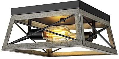 DEWENWILS Farmhouse Flush Mount Ceiling Light Fixture, 2-Light Close to Ceiling Lamp with Wood Grain Finish, Industrial Semi Flush Mount Island Light for Hallway Kitchen Entryway Living Room