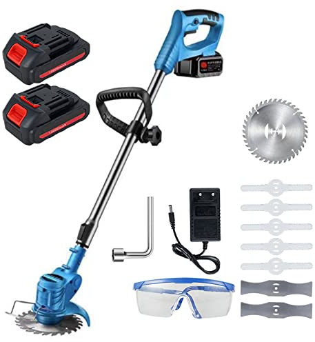 Tagliabordi a Batteria Elettrico Senza Filo 21V, con 3 Tipi di Lame, Decespugliatore a 2 Batterie 2.0Ah e Caricabatterie, Decespugliatore Ricaricabile, Attrezzi da Giardino per la Cura del Prato