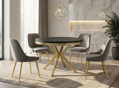 WFL GROUP Runder Ausziehbarer Esstisch - Loft Style Tisch mit Goldenen Metallbeinen - 90 bis 170 cm - Industrieller Tisch für Wohnzimmer - Kompakt - 90 cm - Schwarz