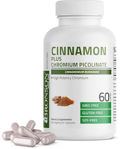 Bronson Cinnamon Plus Chromium Picolinate Supplement, High Potency Chromium, Non-GMO, 60 Vegetarian Capsules