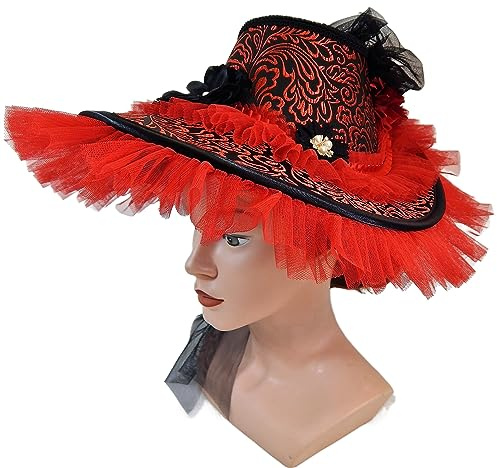 Schute Rot Schwarz, Cosplay Bonnet, Historische Haube, Damenhut, Western Haarschmuck, Steampunk Kopfputz, Civil War, Biedermeier Hut für Damen