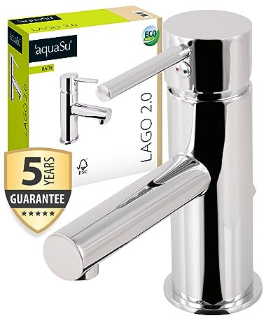 'aquaSu® Waschbeckenarmatur Lago 2.0, Einhebelmischer mit Wasserspar-Kartusche, Kaltwassermittelstellung, Standard-Befestigung, Wasserhahn Bad, Messingkern, chrom, 795623