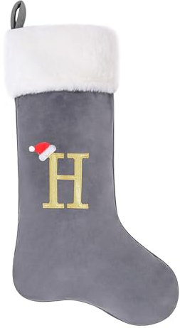 AUAWMLK Weihnachtsstrumpf mit Buchstaben, bestickt, dicker grauer Samt mit superweichem Plüschbündchen, personalisierte Festival-Dekoration für Weihnachten und Neujahrsparty (Buchstabe H)