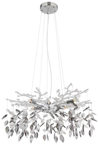 Hängeleuchte Kronleuchter Esszimmerleuchte Wohnzimmerlampe, Chrom Glaskristalle rauchfarben, 8x LED 3,5W 350Lm warmweiß, H 120 cm