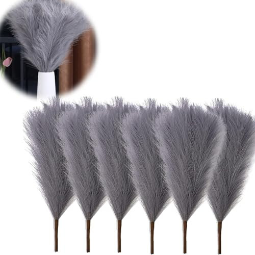 Vokowin 6 Pcs Artificial Grey Pampas Grass Stems, 45 cm Short Faux Dried Pampas Grass Fluffy Branches Dried Bouquet for Wedding Kitchen Living Room Bedroom Aesthetic Bohemian Home Decor (K371-6)