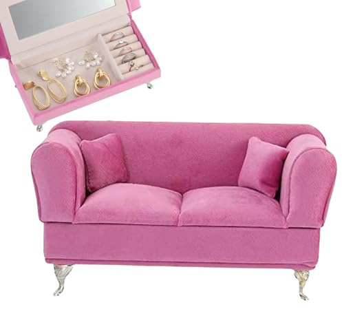 Smyckesboxfack Öppningsbart soffa-form 1/6 Skala möbler med spegel sammet dammtät docka soffa med lock smycken lådor för kvinnor flickor 1 smyckeslåda