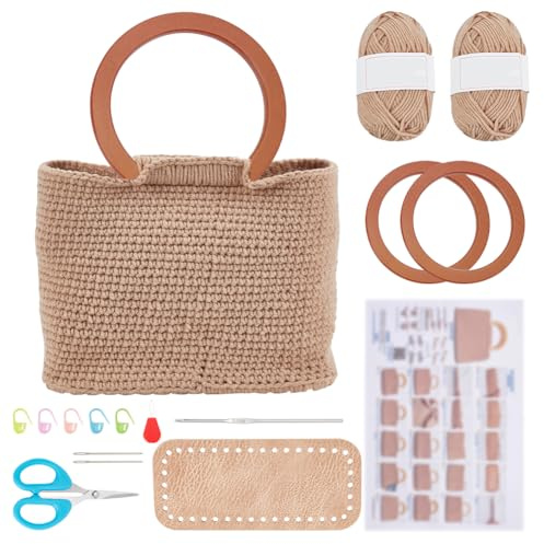 FREEBLOSS DIY Crochet Bag Kit with Round Wood Handle, Crochet Kit for Beginners with Step by Step Guide Crochet Starter Kit Knitting Kit Including Yarn, Crochet Hook, Crochet Gift