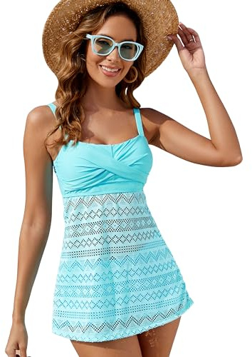 BEACHKINI Mujeres Tankini,Dos Piezas Split Set Bañador,Bañador Deportivo,Doble Hombro Chaleco Falda Top con Pantalones Cortos,Verde,EU48