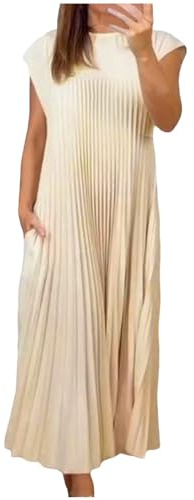 Robe Plissée Femme Grande Taille, Robe d'été Femme sans Manches-Robe Longue Col Rond de Couleur Unie Dress Loose Bohème avec Poches Latérales Chic Et Elegant Loisirs Comfy Vacances Robes