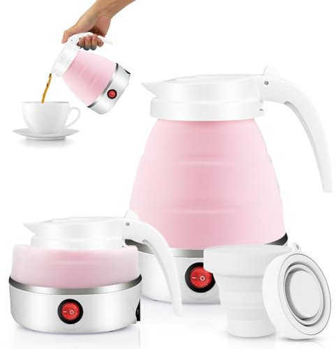 EUBSWA - Bollitore portatile da campeggio, 600 ml, pieghevole, mini bollitore elettrico in silicone per campeggio, viaggi, attività all'aperto (rosa)