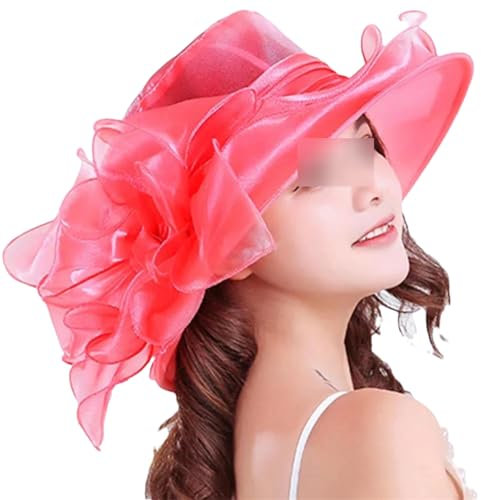 Eleganter Damenhut aus Organza, breite Krempe, Sonnenschutz, für Kirche, Hochzeit, Strand, Sonnenhut, rot, Einheitsgröße