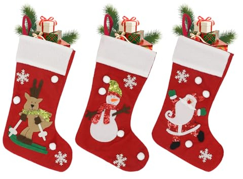 Christmas Stockings 3 Pack, 12 Xmas Stockings with Snowflake Santa Snowman for Kids Goodie Bags, Xmas Decorations Stockings Gift Holding Set for Christmas Tree Family Holiday Party Ornament A6-SDW3JT