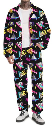 UOUA 80er Outfit für Männer 90er Tracksuit Kostüm für Halloween 70er Windbreaker Jacke Track Anzug 2 Stück Hip Hop Set Schwarz Drucken L