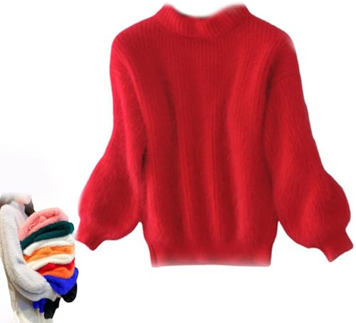 BreWel Señora Invierno Angora Mezcla de Cachemira suéter Suelto y cálido Casual Grueso Cuello Alto de Lana suéter de Color sólido Cuello Redondo Jersey de Punto suéter (Talla única,Rojo)