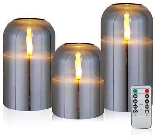 CCLIFE Candele LED Candele batteria con effetto vetro, Candele Senza Fiamma candele elettriche pilastro con telecomando timer per decorazione natale, 3 pezzi in Champagne CushHom