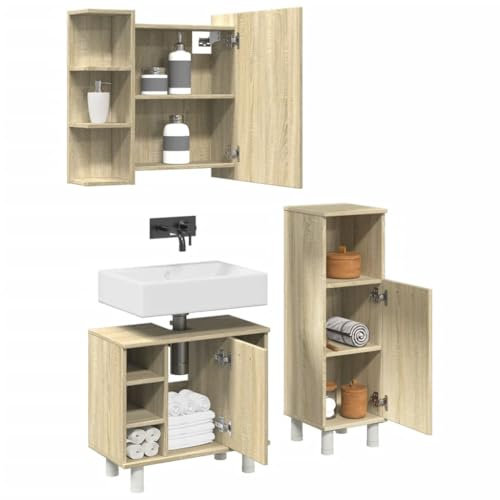 Homgoday Set de Muebles de baño 3 pzas Madera contrachapada Roble Sonoma Mueble baño Mueble Lavabo Muebles de baño Lavabo sobre encimera Mueble de baño con Espejo