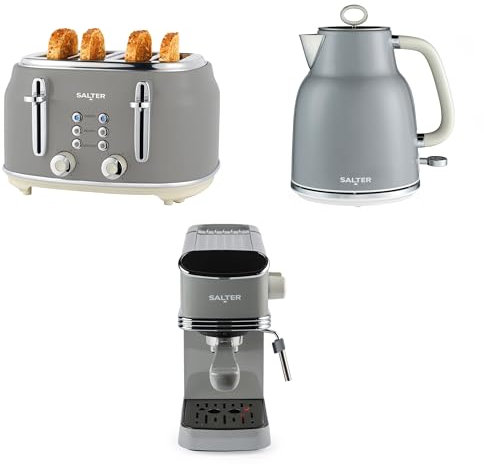 Salter Retro 3-Piece Countertop Set – Digital Espresso Machine with Milk Frothing Wand, 20-Bar Pressure Pump, 1.7L Electric Rapid Boil Kettle & 4-Slice Toaster, 6 Browning Levels, Grey, COMBO-9733
