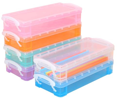 Amusingtao 6 Pcs Pencil Boxes, Stackable Stationery Storage Box with Snap Tight Lid, 22x10x4cm 6 Colours Plastic Pen Case for Pencils Brushes Crayons Drawing Tools