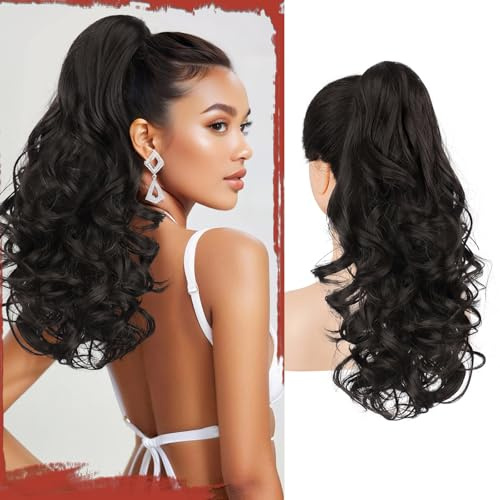 Sofeiyan Pferdeschwanz Haarteil mit Klammer, Lange Wellig Lockig Zopf Extension Claw Clip in Ponytail Extension Synthetik Haarverlängerung für Damen, 43 cm Schwarz Braun