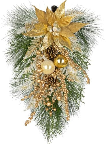 Arbrous jul swags 63 cm guld julstjärna jul tårdroppe swag med tallkottar röda bär guldlöv trappor jul swags girlang för trappa jul semester fönster heminredning