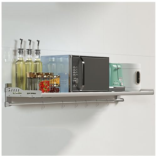 Estante de acero inoxidable para horno microondas montado en la pared con 6 ganchos, estante plegable para horno eléctrico, olla, sartén, organizador de especias, soporte de cocina con ganchos