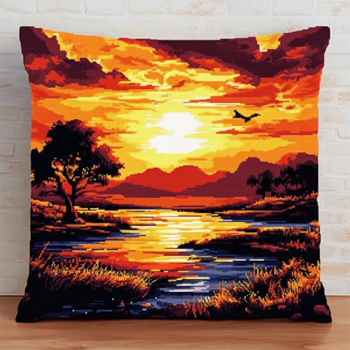 ANSIWEIGO Latch Hook Kit de cojines de nudos, juego de 43 x 43 cm, paisaje marítimo, alfombra de anudación, funda de almohada para anudar, para adultos y niños, decoración del hogar, sofá, decoración