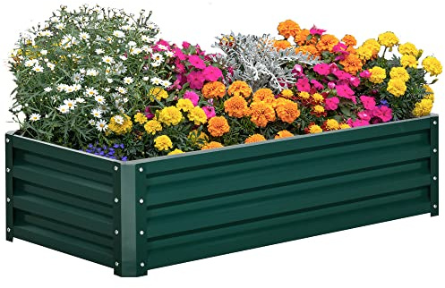 Outsunny Jardinera Exterior Grande Acero Galvanizado 120x60x30,5 cm Verde | Huerto Urbano Elevado, para Cultivar Plantas Flores Hierba, Macetero Exterior Rectangular, con Fondo Abierto