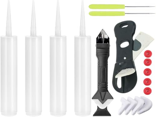 4-pack tomma tätningsrör – 295 ml kapacitet vardera, med 3-i-1 silikonskrapa, 5 lock, 2 munstycksrengöringsmedel, multifunktionell skärare för standardtätningspistoler