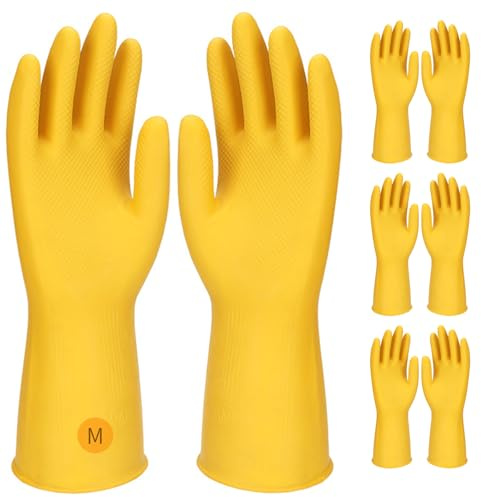 Fuonmka 4 Pairs Household Gloves Yellow Rubber Cleaning Glove, Unisex Extra Thick Household DishwashingGloves, Reusable Waterproof Non-Slip Gloves for Kitchen(Medium)