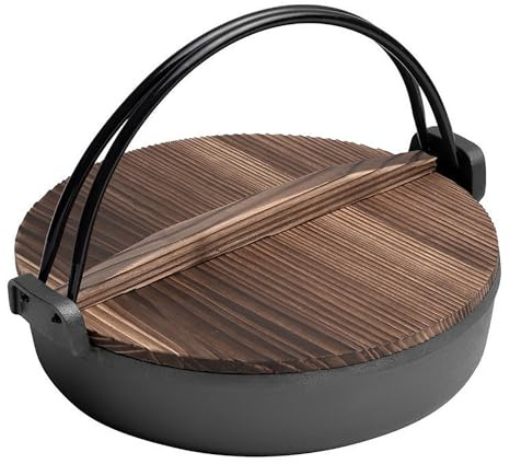 Cooking Pot Cast Iron Boiling Pan Cast Iron Dutch Oven Japanese Cast Iron Sukiyaki Thick Pot Soil Succiyaki Pot Non-Stick Pan Cast Iron Soup Pot Soup Casserole with Wood Cover 24cm