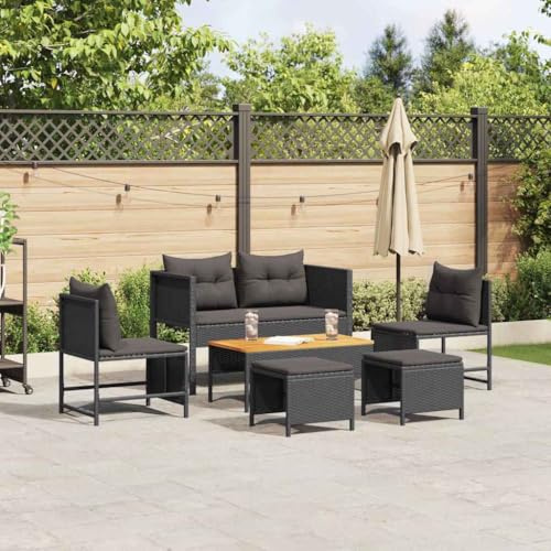 Teenpull Garten-Sofa-Set 6-teilig Schwarz Poly-Rattan, Outdoor-Möbel für Terrasse Balkon, modernes Lounge-Set mit Tisch, 2 Sofas, 2 Sesseln, 2 Hockern, wasserdicht, bequemes Sitzmöbel für Garten