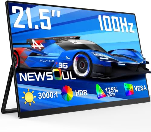 Newsoul Portable Monitor 21,5 Zoll, 100Hz Portable Gaming Monitor QLED 2000:1 FreeSync 450Nits mit USB-C & HDMI, Tragbarer Bildschirm mit VESA & Ständer 180° für Laptop/PS5/4/Xbox/Switch