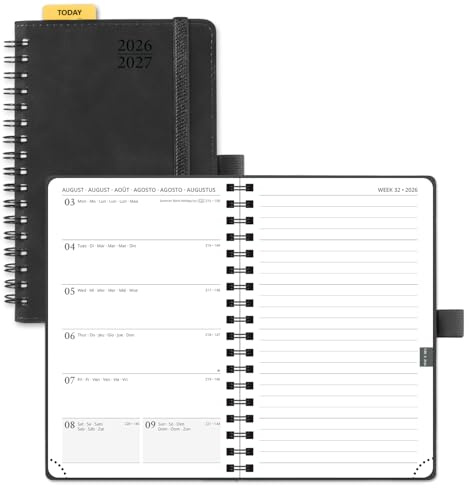 POPRUN Taschenkalender 2026 2027 Spiralbuch Wochenplaner ca.A6(15,6 x 10cm) | 17-Monate-Terminplaner,(Aug.2026-Dez.2027),Softcover,Terminplaner 1 Woche 1 Seite,mit Plastiklineal(Schwarz)