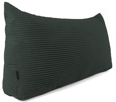 POKAR Rückenkissen | Cord Keilkissen 140x50x20 cm | Lesekissen für Bett und Sofa | Sofakissen für Rückenlehne | Groß Wandkissen Couchkissen mit Seitentaschen | Oeko Tex 100 Zertifiziert | Flaschengrün
