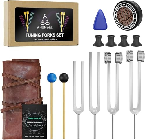 Heilende Stimmgabel Set (128Hz, 136.1Hz, 256Hz, 384Hz) - Stimmgabel Therapie für Meditation, Yoga, Stressabbau, Frequenztherapie, Chakraheilung & Entspannung