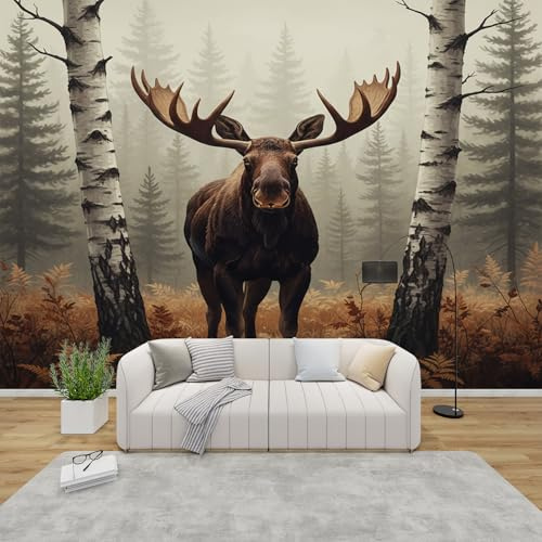 AevuCub Tapete Elch, Fototapete Elchmotiv Schlafzimmer, Tapeten Vliestapete Rustikale Wald Wohnzimmer, Wandtapete Kinderzimmer Cabin Landhaus Mustertapete Vlies 250 x 175 cm (B x H)