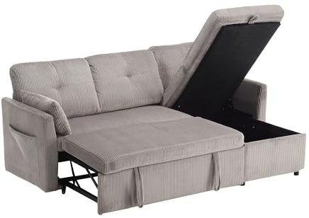 kozamas Funktionssofa mit Schlaffunktion & Bettkasten – modulares Ecksofa mit ausziehbarer Liegefläche, Cord Sofa mit Stauraum & Ottomane, seitliches Ablagefach – Hellgrau